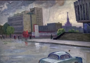Полотно с изображением серого дождливого дня на улице Коцюбинского в районе драмтеатра, по всей видимости, написано в начале 1970-х годов, История, Цветные, Рисунки, Достопримечательности