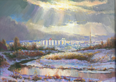 Река Лугань зимой, Мустакимов Г.С., "Ранний снег", 2018г., х.м., 40х30